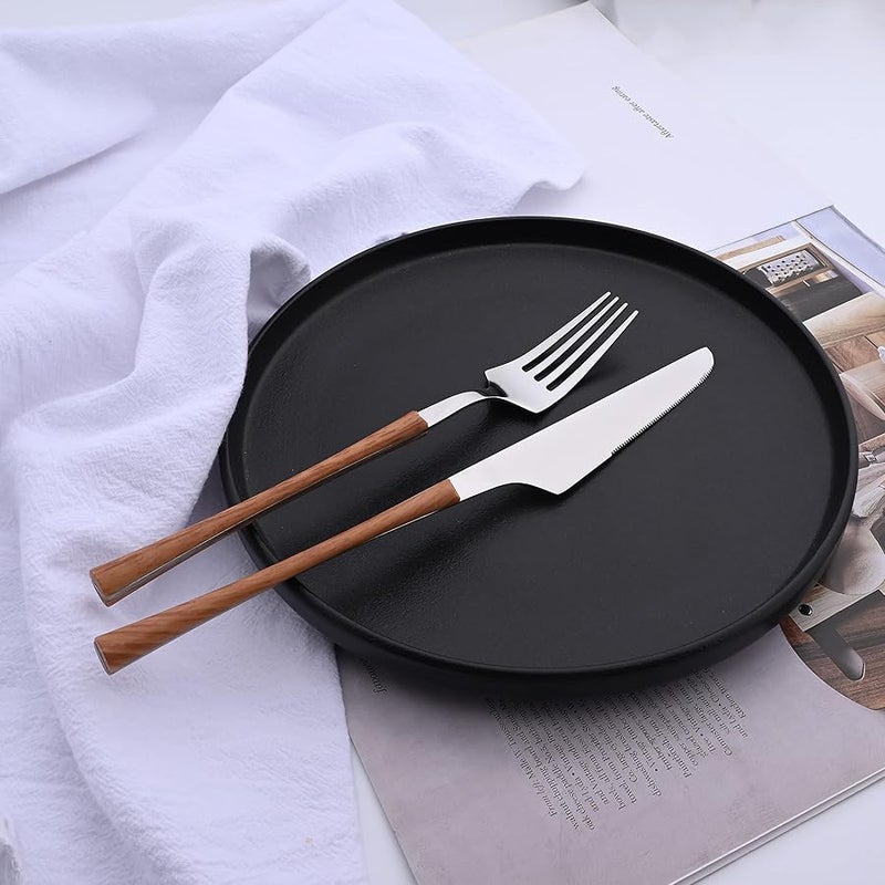 Brown Silver 20 Piece Stainless Steel Cutlery Set Wood Grain Handle For 4 - Image 4